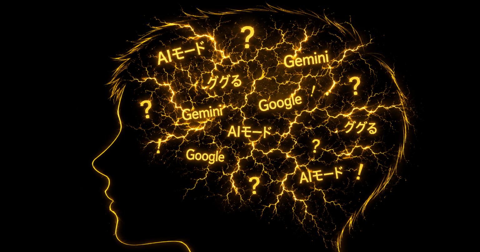 Stylized brain illustration filled with AI Mode and Gemini text — a 60-year-old Japanese factory worker frustrated with Google AI Overviews.