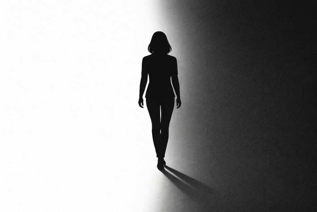 Silhouette of a person walking alone toward a glowing horizon — a 60s Japanese retiree thinking about what to do with life.