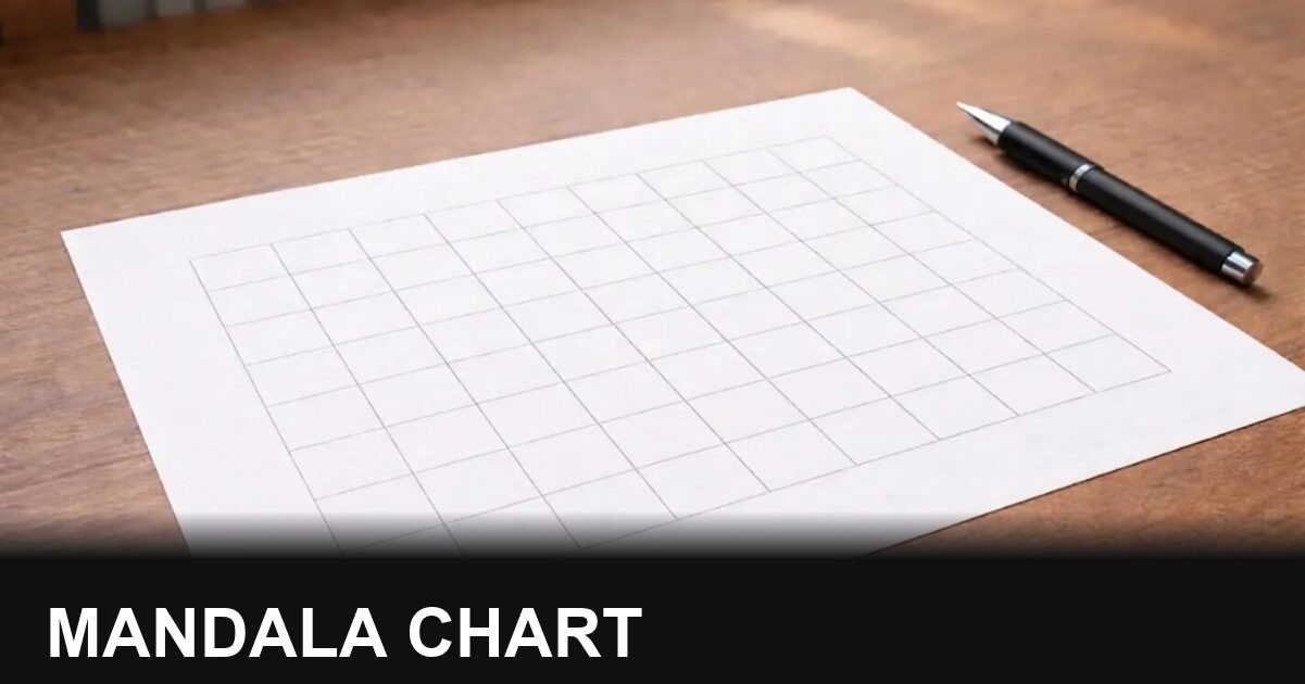 A blank nine-by-nine mandala chart sheet and a pen on a wooden desk