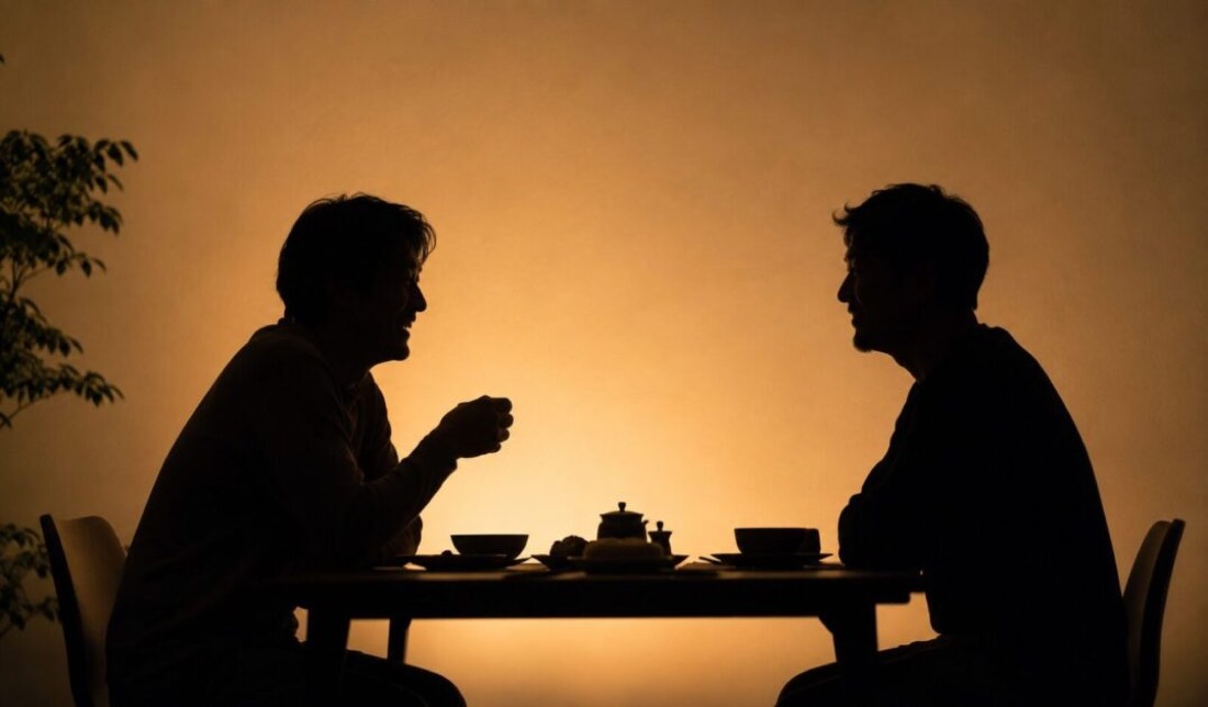 Two people sitting across a table, talking over tea, seen as silhouettes