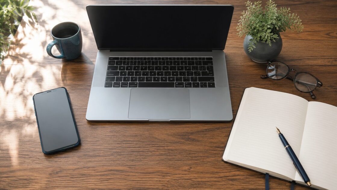 A desk with a laptop, a phone, reading glasses and an open notebook with a pen