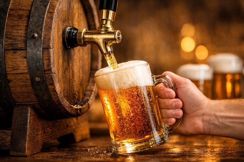 A glass of draft beer being poured from a barrel tap