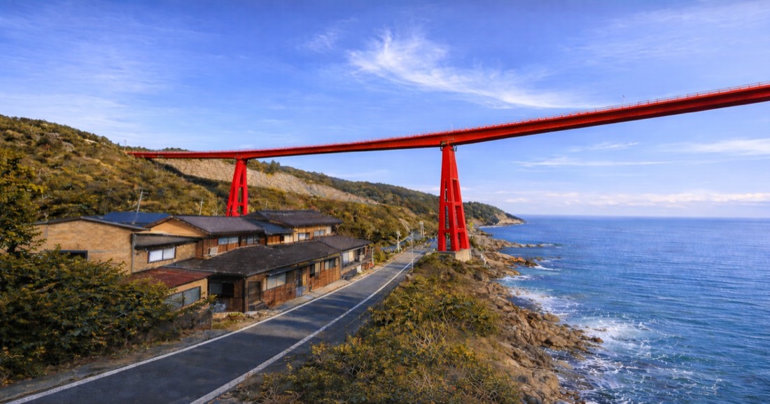A tall red bridge over a coastal road and old houses in Japan
