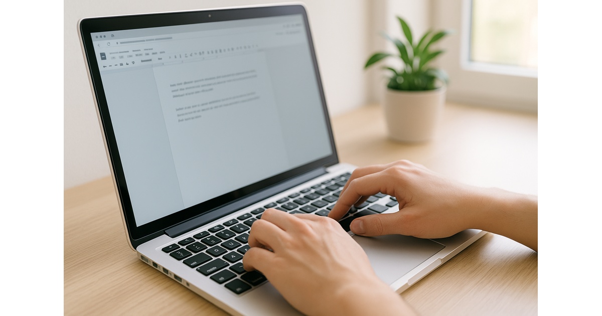 Hands typing on a laptop keyboard at a desk